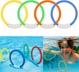 Four brightly coloured dive rings in yellow, green, orange, and blue, floating in a swimming pool with a child smiling underwater.