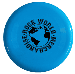 A blue flying disc featuring a black logo with a globe design at the centre.