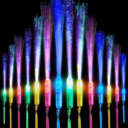 Colourful LED light-up wands are displayed in a row, featuring vibrant, flashing fibre optic strands. Each wand has a handle.