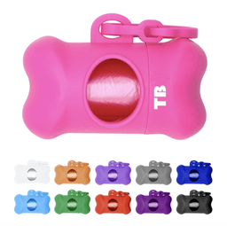 A pink bone-shaped case holds pet waste disposable bags, alongside options in white, orange, purple, blue, black, and brown.