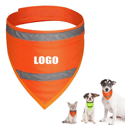 An orange reflective pet scarf with grey stripes, displayed alongside three pets wearing similar scarves.