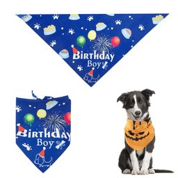 A blue pet triangle bandana featuring birthday-themed graphics, with a second orange bandana displaying Halloween designs.