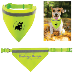 A reflective triangle pet scarf in bright yellow with a buckle, featuring a logo. Includes an image of a dog wearing it.