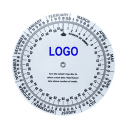 A circular date calculator wheel in white with black and blue markings, featuring a logo in the centre.