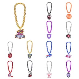 A collection of sport fan chains in various colours, featuring different team logos and symbols.