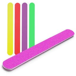 A pink nail file with four additional coloured nail files in yellow, red, green, and purple. Each file has a textured surface.