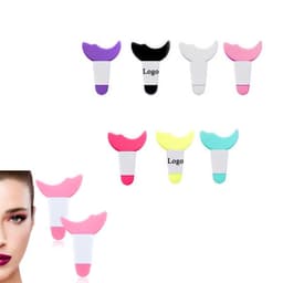 A set of colourful eye makeup guard tools in purple, black, white, pink, yellow, and blue with logos.