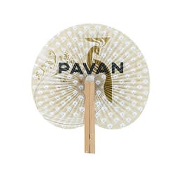 A folding fan with a decorative pattern in gold and cream, featuring a wooden handle and a logo.