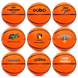 Nine orange basketball-shaped stress relievers arranged in a grid, each featuring a different logo.