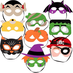 A set of ten coloured Halloween face masks including a vampire, bat, pumpkin, witch, and pirate designs.