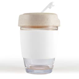 A reusable coffee cup featuring a clear glass base and a beige silicone band and lid. It has a straw.