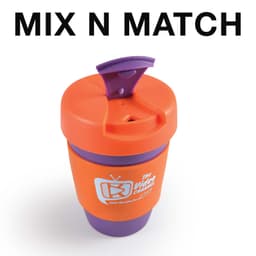 A reusable coffee cup in orange and purple with a silicone band and a cap. It features a logo.
