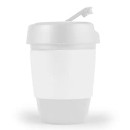 A reusable coffee cup with a white silicone band and a lid, showcasing a minimalist design.