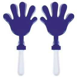 A set of two blue hand-shaped clappers with clear handles.