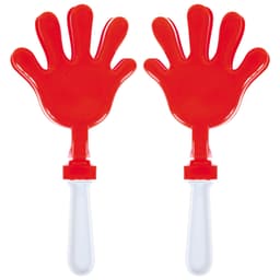 A pair of colorful red hand-shaped clappers with transparent handles.