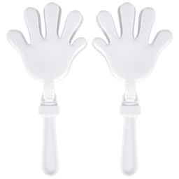A pair of white hand-shaped clappers with clear handles, designed for making noise.