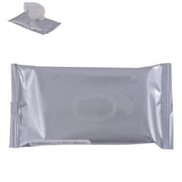 A silver packaging of antibacterial wet wipes with a white wipe partially pulled out. Features a logo on the front.