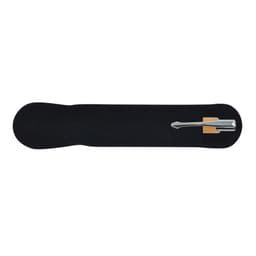A bamboo pen with a silver tip displayed on a black background. The pen includes a holder.
