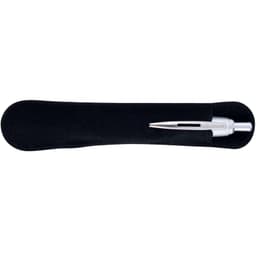 A sleek silver metal pen resting on a black velvet case, featuring a smooth design.