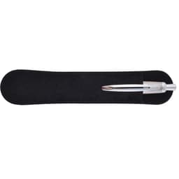 A silver metal pen rests on a black velvet-like holder, showcasing its sleek design and finishing.