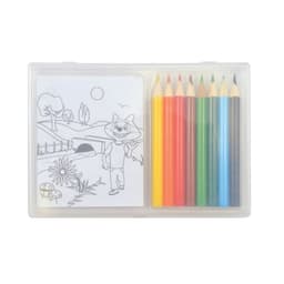 A drawing set with a clear case containing colored pencils in various hues and a coloring sheet featuring a cartoon character.