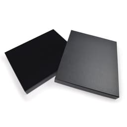 A black gift box with a textured finish, featuring a smooth lid and a sleek design, with a logo on the surface.