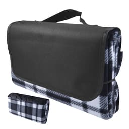 A black and white checkered picnic blanket, folded with a carrying handle. It features a sleek black exterior.