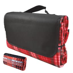 A red and black checkered picnic blanket, folded and secured with a strap, featuring a black carrying handle.