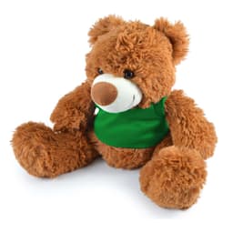 A plush teddy bear with a fluffy brown coat wearing a green vest, featuring a round nose and sweet expression.
