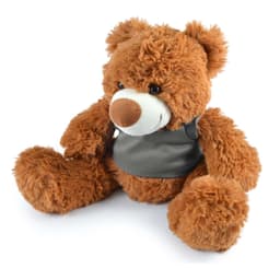 A plush teddy bear named Coco, featuring soft brown fur and a gray vest.