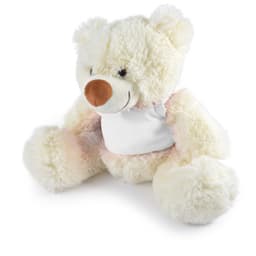A plush teddy bear in cream and light pink, featuring a soft texture and a round nose. It has a blank area on its chest.