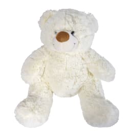 A plush teddy bear named Coconut, featuring a soft white exterior and a brown nose, perfect for cuddling.