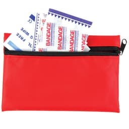 A red zippered pouch containing adhesive bandages and a first aid kit.