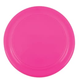 A pink frisbee with a smooth surface and a circular shape.