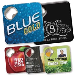 A variety of bottle openers and coasters in colors like blue, black, red, and green, featuring different designs and logos.
