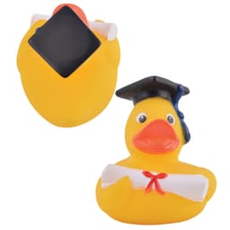 A yellow rubber duck wearing a black graduation cap and holding a diploma roll, featuring a logo.