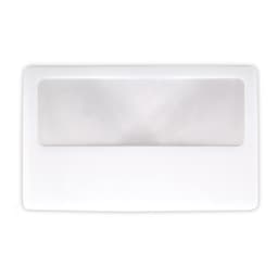 A credit card magnifier with a clear lens and a sleek white frame.