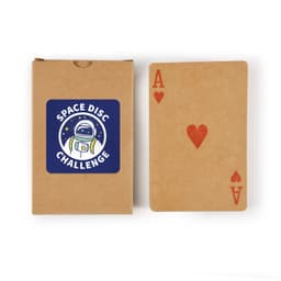 A deck of playing cards with a brown kraft box, featuring a heart Ace card and a logo on the box.