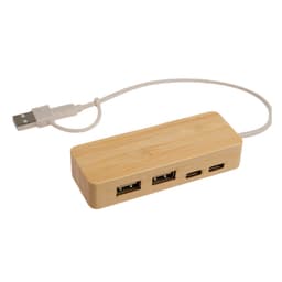 A USB hub made of bamboo featuring three USB ports and a USB-A cable.
