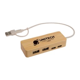 A bamboo USB hub with three ports and a connected USB cable. It features a logo on its surface.