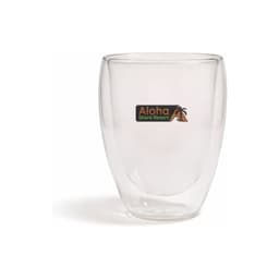 A double-walled glass cup in clear glass with a logo on the front, designed for beverages.