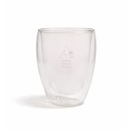 A double wall glass cup in clear glass with a logo, featuring a minimalist design and a curved shape.