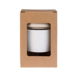 A reusable coffee cup with a silicone band, presented in a cardboard packaging with a viewing window.