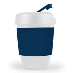 A reusable coffee cup in white with a dark blue silicone band and a matching blue lid. It features a logo.