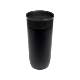 A stainless steel coffee cup in a sleek black design, featuring a tight-fitting lid.