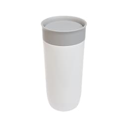 A stainless steel coffee cup in white with a gray lid, featuring a smooth, sleek design and a logo.