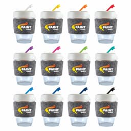 A collection of reusable coffee cups in various colors with a textured band and a lid, featuring a logo.