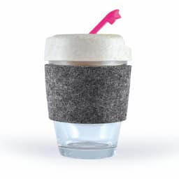 A reusable coffee cup featuring a transparent bottom, a textured gray band, and a light-colored lid with a pink straw.