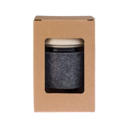 A reusable coffee cup with a dark RPET band, packaged in a cardboard box with a clear viewing window.