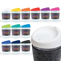 A reusable coffee cup with a silicone lid and RPET band in various colors. Each cup features a branded logo.